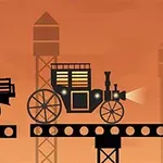 Siluettimainen steampunk-tyylinen vaunu liikkuu muodostelmassa alustoja ja torneja vasten oranssia taustaa
