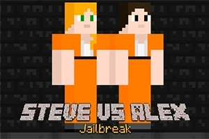 Kaksi pikselihahmoa oransseissa vankilapaidoissa tummalla taustalla tekstin Steve vs Alex Jailbreak kanssa