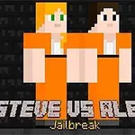 Kaksi pikselihahmoa oransseissa vankilapaidoissa tummalla taustalla tekstin Steve vs Alex Jailbreak kanssa