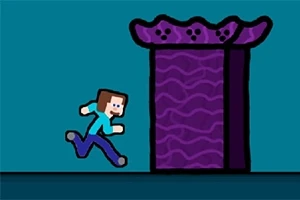 Pikselityylinen hahmo juoksee kohti suurta violettia porttia sinisellä taustalla