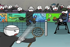 Tenniskentällä sarjakuvahahmot pelaavat ottelua, ja tuomari istuu tuomarituolissa katsojien seuratessa