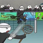 Tenniskentällä sarjakuvahahmot pelaavat ottelua, ja tuomari istuu tuomarituolissa katsojien seuratessa