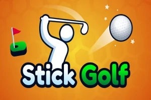 Piirroshahmo heilauttaa golfmailaa kohti lentävää golfpalloa, taustalla on pieni viheriö lipulla ja teksti Stick Golf
