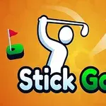 Piirroshahmo heilauttaa golfmailaa kohti lentävää golfpalloa, taustalla on pieni viheriö lipulla ja teksti Stick Golf