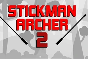 Punaiset tekstit Stickman Archer 2 näkyvät harmaan metsätaustan edessä, ja kirjainten rinnalla on kaksi mustaa nuolta