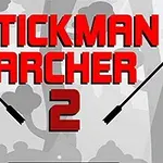 Punaiset tekstit Stickman Archer 2 näkyvät harmaan metsätaustan edessä, ja kirjainten rinnalla on kaksi mustaa nuolta