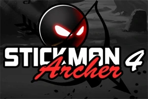 Musta tikku-ukko, jolla on punaiset hehkuvat silmät, jousi ja nuoli, sekä teksti Stickman Archer 4 taustalla