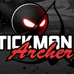 Musta tikku-ukko, jolla on punaiset hehkuvat silmät, jousi ja nuoli, sekä teksti Stickman Archer 4 taustalla
