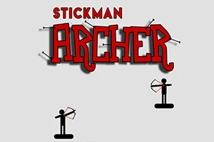 Kaksi tikku-ukkoa jousipyssyjen kanssa ja teksti Stickman Archer harmaalla taustalla