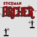 Kaksi tikku-ukkoa jousipyssyjen kanssa ja teksti Stickman Archer harmaalla taustalla