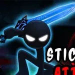 Tikkumainen hahmo hohtavalla miekalla tummasävyisessä taustassa, teksti Stickman Attack