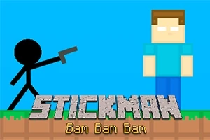 Tikkumieskävely-ukko osoittaa toista hahmoa asella, taustalla sininen taivas ja pikseligrafiikka, alareunassa teksti STICKMAN Bam Bam Bam