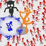 Monivärisellä ruudukkoalustalla on useita punaisia tikku-ukkoja, joista yksi korostuu sinisen ympyrän sisällä pyörittämässä fidget spinneriä, ja ympärillä seisoo suurempia mustia ja oransseja hahmoja