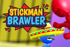 Sininen tikku-ukko sombrero-hatussa ja viiksillä seisoo värikkäällä taustalla, ja kuvassa lukee Stickman Brawler