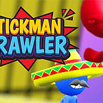 Sininen tikku-ukko sombrero-hatussa ja viiksillä seisoo värikkäällä taustalla, ja kuvassa lukee Stickman Brawler