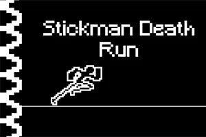 Musta tausta, jossa valkoiset sahalaitakuvio reunassa, teksti Stickman Death Run ja tikku-ukon grafiikka
