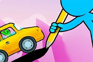 Sininen hahmo piirtää kynällä tien, jolla keltainen auto ajaa, ja auton sisällä on vihreä hahmo
