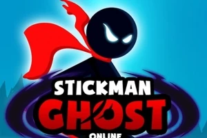 Tumma hahmo, jolla on punainen viitta, hehkuvat silmät ja teksti Stickman Ghost Online sinisellä taustalla