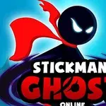 Tumma hahmo, jolla on punainen viitta, hehkuvat silmät ja teksti Stickman Ghost Online sinisellä taustalla