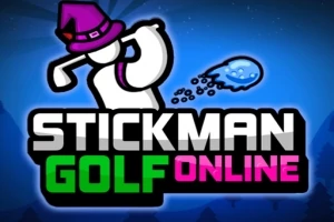 Piirroshahmo hattu päässään pelaamassa golfia, värillinen teksti STICKMAN GOLF ONLINE edessä