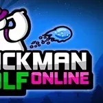 Piirroshahmo hattu päässään pelaamassa golfia, värillinen teksti STICKMAN GOLF ONLINE edessä