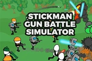 Animaatiohahmoja aseiden kanssa vihreällä taustalla, keskellä teksti Stickman Gun Battle Simulator