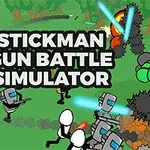 Animaatiohahmoja aseiden kanssa vihreällä taustalla, keskellä teksti Stickman Gun Battle Simulator