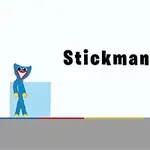 Sininen hahmo seisoo vaalean taustan edessä, jossa lukee Stickman Huggy