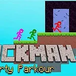 Neljä eriväristä tikku-ukkoa juoksemassa oikealle tasohyppelykentällä, jossa lukee alhaalla Stickman Party Parkour