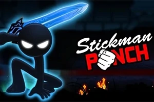 Musta tikkumieshahmo, jolla on sininen miekka, on kyykistyneessä asennossa pimeällä taustalla tulen loimutessa
