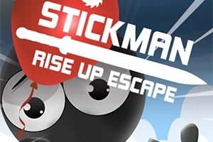 Mustavalkoinen tikku-ukko punaisen ilmapallon kanssa ja tekstillä Stickman Rise Up Escape