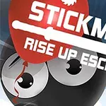 Mustavalkoinen tikku-ukko punaisen ilmapallon kanssa ja tekstillä Stickman Rise Up Escape