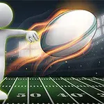 Valkoinen tikku-ukkohahmo potkaisee soikeaa palloa valaistulla stadionilla