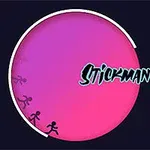 Vaaleanpunainen ja violetti ympyrä, jonka sisällä on juoksevia tikku-ukkoja, tummalla taustalla ja vierekkäin lukee Stickman Runner