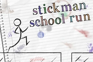 Tikku-ukko juoksee ruutuvihon sivulla, taustalla värikkäitä tahroja ja teksti stickman school run