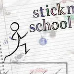 Tikku-ukko juoksee ruutuvihon sivulla, taustalla värikkäitä tahroja ja teksti stickman school run