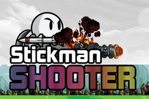 Tikku-ukko ampuu liekkien kera räjähtävällä aseella, tekstillä Stickman Shooter edessä