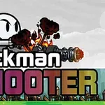 Tikku-ukko ampuu liekkien kera räjähtävällä aseella, tekstillä Stickman Shooter edessä