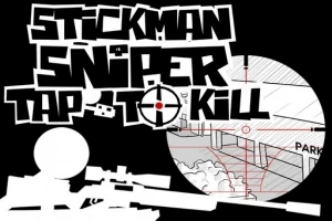 Stickman-hahmo kiväärin kanssa, tähtäinrengas ja tekstielementtejä mustalla taustalla