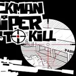 Stickman-hahmo kiväärin kanssa, tähtäinrengas ja tekstielementtejä mustalla taustalla