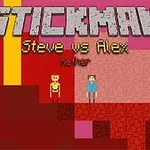Kaksi pikselihahmoa seisoo punaisessa ympäristössä, jossa lukee ”Stickman Steve vs Alex nether”