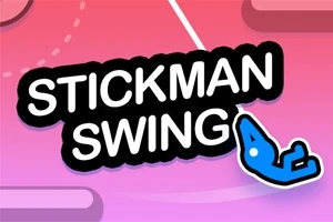 Yksinkertaisella pinkillä taustalla on mustakeltainen teksti Stickman Swing ja oikealla roikkuva sininen tikku-ukkohahmo