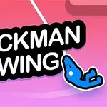 Yksinkertaisella pinkillä taustalla on mustakeltainen teksti Stickman Swing ja oikealla roikkuva sininen tikku-ukkohahmo