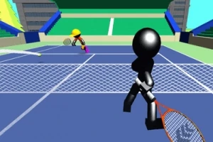 Kaksi yksinkertaista 3D-hahmoa pelaa tennistä sinisellä kentällä