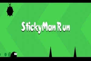 Vihreällä taustalla valkoinen teksti StickyMan Run, mustia piikkejä ja hahmoja alareunassa, sekä piikkipallo ylhäällä vasemmalla