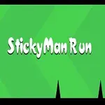Vihreällä taustalla valkoinen teksti StickyMan Run, mustia piikkejä ja hahmoja alareunassa, sekä piikkipallo ylhäällä vasemmalla