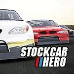 Kilpa-autoja ajamassa radalla, etualalla valkoinen auto ja taustalla punainen auto, otsikolla Stockcar Hero