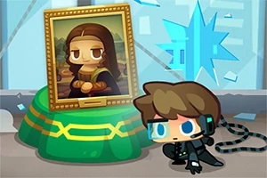 Sarjakuvamainen hahmo murtovarkaan asussa hiipii rikotun näyteikkunan luona Mona Lisa -tyylisen maalauksen edessä