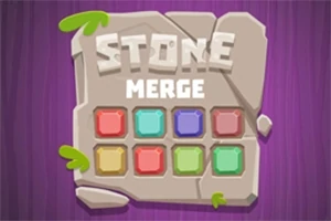 Puunvärisellä taustalla on kiven palasia ja värikkäitä blokkeja sisältävä paneeli, jonka yläpuolella lukee STONE MERGE