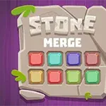 Puunvärisellä taustalla on kiven palasia ja värikkäitä blokkeja sisältävä paneeli, jonka yläpuolella lukee STONE MERGE